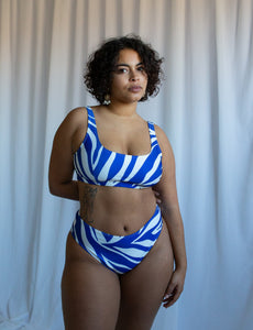 high coverage bikini top in blue zebra print 