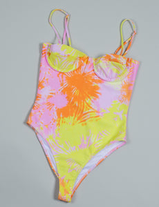 Saga one piece swimsuit with underwires in orange, yellow and pink print