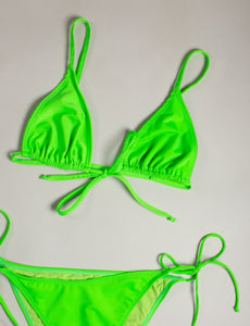 product picture of bright green triangle bikini top that are tied in the front